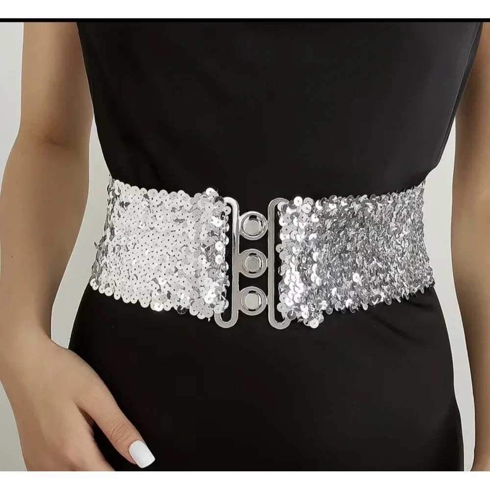 Women's Two Sequin Elastic Waist Belts - Vintage Style, Adjustable One Size